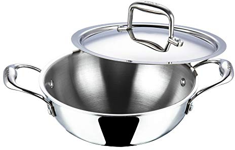 Vinod Platinum Triply Stainless Steel Extra Deep Kadai with Stainless Steel Lid, 1.5 Litre Capacity, 20 cm Diameter, Silver, Induction & Gas Stove Friendly, Includes 1 Kadai with Lid
