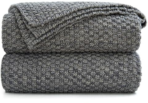 Longhui bedding Grey Knitted Throw Blanket for Couch, Soft, Cozy Machine Washable 100% Cotton Sofa Knit Blankets, Heavy 3.0lb Weight, 51 x 63 Inches, Gray and White Color,Laundry Bag Included