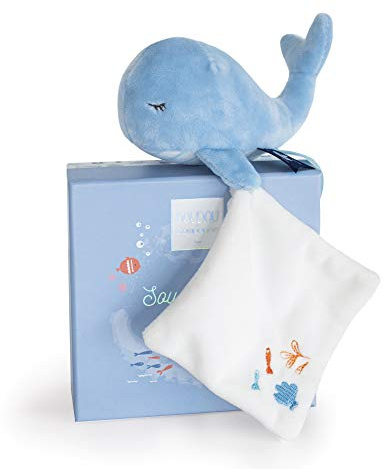 DOUDOU ET COMPAGNIE - Petite Peluche Avec Doudou Mouchoir - 15 cm - Couleur Bleue - Collection Sous L'Océan -Toute Douce - Idée Cadeau Dès La Naissance - Avec Boite Cadeau - DC3650