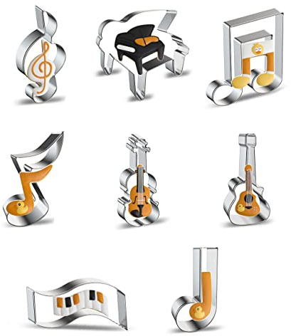 Belons set med 8 stycken musikinsticksformar, musiknoter, instrument, kakformar för kex, fondant, bakverk, glasyr, tårtdekoration, kakdekoration, av rostfritt stål