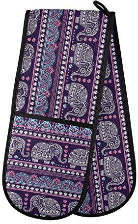 TropicalLife OOWOW Double gant de cuisine indien tribal ethnique éléphant résistant à la chaleur Doublure en coton Manique pour la cuisine, la cuisson, les grillades de Noël