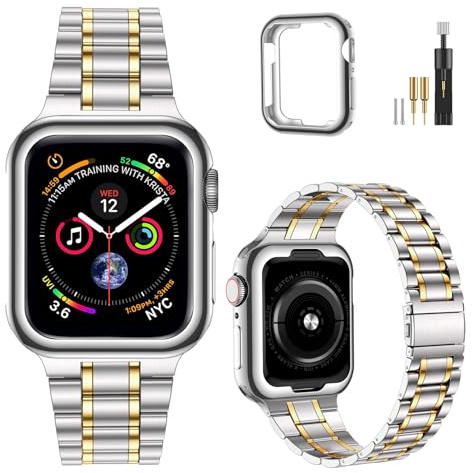 MioHHR Straps Compatible with Apple Watch Strap 45/44/42mm(Series 3/2/1) | Metal Stainless Steel Band with TPU Protective Cover for iWatch Series 9/8/7/6/5/4/SE3/SE2/SE,Men Women(Silver/Gold)