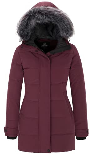 Wantdo Cappotto Donna Invernale Caldo Grande Taglie Giubbotto Imbottito con Cappoccio Impermeabile Antivento Lungo Parka per Esterno Vino Rosso M