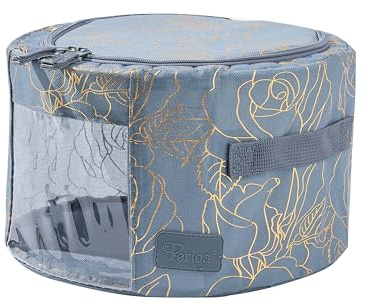 Periea 'Abby' Round Home Storage Boxes with Zip Lids, Front Window & Folding Steel Frame (Metallic Floral, Medium)