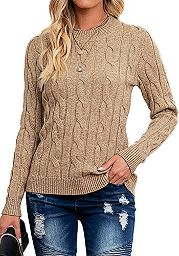 Breampot Women Cable Knit Jumper Casual Basic Long Sleeve Pullover Sweater Tops(Khaki,X-Large)