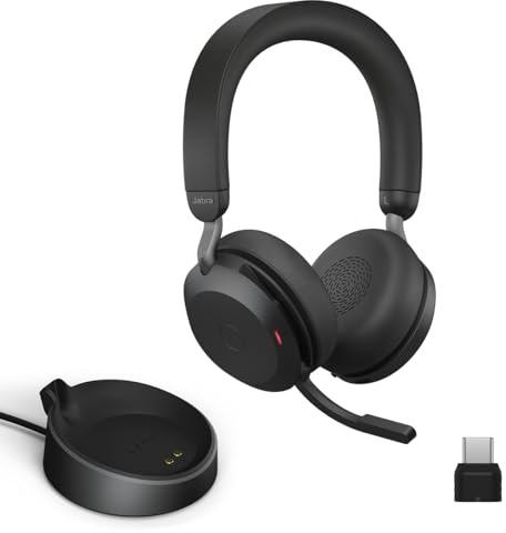 Jabra Evolve2 Casque sans Fil 75 PC avec Support de Charge et Technologie 8 micros – Casque stéréo Double Mousse avec Suppression Active avancée du Bruit, Adaptateur Bluetooth USB-C et compatibilité