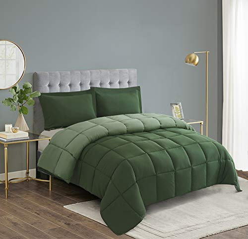 HIG 3 Pieces Green Coverless Duvet King - 240 x 220cm - Cassette Box Construction - Corner Duvet Tabs - Solid Reversible 10.5 Tog Comforter with 2 Shams - 100% Down Alternative & Breathable Bedding