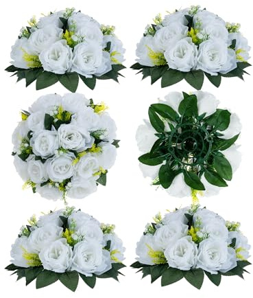 BLOSMON Flower Centerpieces for Tables Wedding 6 Pcs White Fake Flowers Rose Arrangement Bouquet Floral Centerpiece Balls Artificial Wedding Center Pieces of Valentines Day Home Party Decor