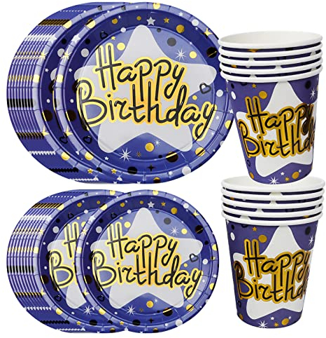 Happy Birthday Partygeschirr Set, 30Pcs Blau Gold Geburtstag Pappteller, Pappbecher Pappteller Happy Birthday Teller, für Junge Mädchen Kindergeburtstag Babyparty Tischdeko Party Deko (Blau)