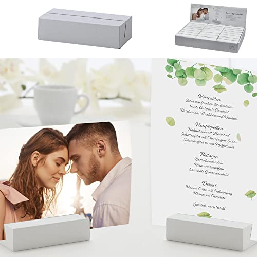 Cepewa Tischkartenhalter Fotohalter 24er Set | Block 4x8cm MDF weiß | Halterung für Foto Speisekarte Postkarten