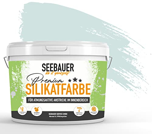 SEEBAUER diy Silikatfarbe Hellblau 5L für Innen (No. 823 Arctic Blue) Atmungsaktive Mineralfarbe für Allergiker - Abwaschbare Wandfarbe - Blautöne hohe Deckkraft