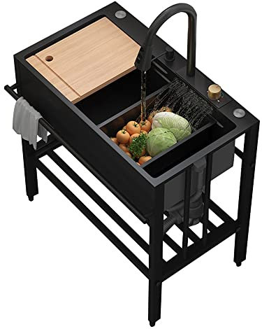 Lavello Cucina 1 Vasca, Mobile Lavabo Esterno Acciaio Inox 304 ,Lavelli da cucina portare Rubinetto estraibile a cascata,Lavandino Nero Multifunzione,per Bar Garage Ristorante Lavanderia ( Color : Bla