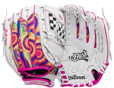 Wilson 2024 A440™ Flash™ 29,2 cm Youth Infield Fastpitch Softball-Handschuh – Rechtshänder, Weiß/Rosa/Batikfärbung
