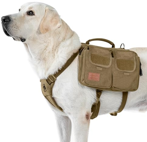 OneTigris Hundegeschirr mit Tasche, Hoppy Camper 3.0 Camping Wandern Hunderucksack für für Mittlere/Große Hunde, Rucksack für Hunderücken 2 Haupttaschen 4 Nebentaschen - Braun L