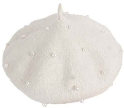 Whakano Kleine Mädchen Baskenmütze mit Perle,Elegante Malermütze,Winter Warm Beanie Cap,für Frühling Herbst Winter Outdoor,Baby Beanie für Mädchen und Jungen,Milchig weiß