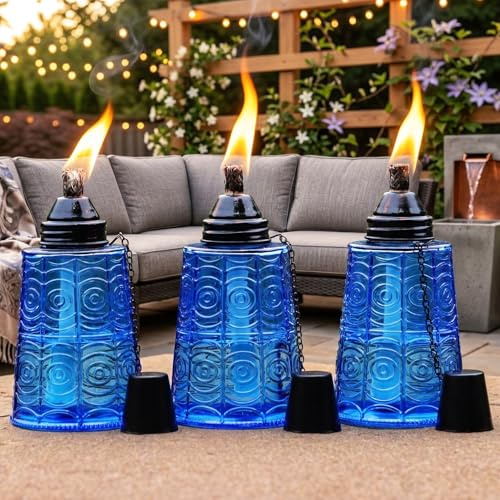 Seraphic Antorchas de mesa de citronela para patio al aire libre, antorcha de cristal decorativa de 16 onzas, velas de citronela para terraza exterior, jardín, fiestas, juego de 3, azul cobalto