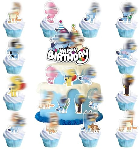 Heartsking 25 Pcs Blue Dog Cake Toppers, 1 Big + 24 Small, Birthday & Baby Shower, Non-Toxic, Reusable