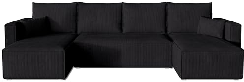 BROMARKT Ecksofa mit Schlaffunktion Schwarz Sofa mit Bettkasten U Form | Wohnlandschaft Eckcouch Freistehend Couch Polstercouch Schlafsofa Schlafcouch Stauraum 305 cm Breite 5 Sitzer Stoff Cord