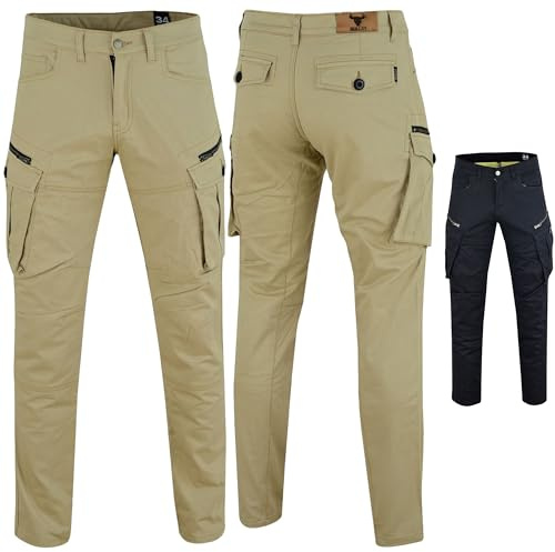 BULLDT Motorradhose Herren Motorrad Cargo Hose Motorradjeans mit Protektoren Baumwolle mit Aramidfaser Verstärkung 9 Taschen Herausnehmbare Knie und Hüftprotektoren Khaki - W32 / L34