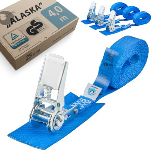 valonic ALASKA, 4x 4m cinghie di tensione con cricchetto, 25mm, 800 Kg, imbottite, certificate TÜV Rheinl. e GS, EN 12195-2 - cinghia di tensione in due pezzi, per moto, portamoto blu