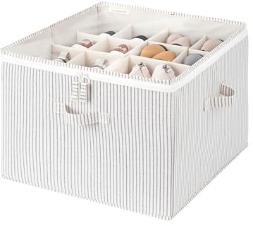 StorageWorks Stoff Schuhaufbewahrung platzsparende, Schuhbox für bis zu 16 Paar, Schuhe Aufbewahrungsbox mit Deckel, Schuh Organizer faltbar, große Schuhkiste für Stiefeletten, grau-weiß gestreift