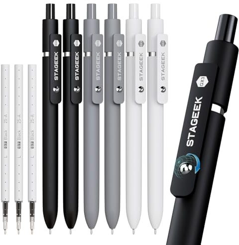 STAGEEK Black Gel Pens GX3, 6Pcs Fine Point Smooth Writing Pens with 3 Extra Refills, Black Ink Pens for Journaling, Office, Note Taking, School Supplies, Nurse Aesthetic(Black Gray White)