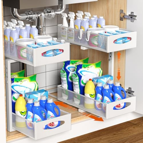 Housolution Unter Waschbecken Spüle Organizer Unterschrank Regal, Weiß | Robustes Metall, Höhenverstellbar, 2 Etagen mit Schublade Ausziehbar