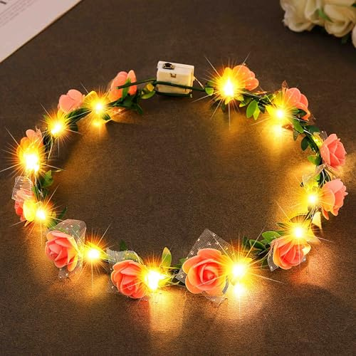 Fashband LED-Blumen-Stirnbänder, beleuchteter Blumenkranz, Krone, Festival, Kopfschmuck, Halloween, Party, Kopfschmuck für Damen (Rosa-A, Einheitsgröße)