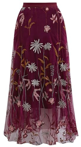 CHICWISH Women Floral Embroidered Tulle Skirt Flare A Line High Elastic Waist Mesh Double-Layered Midi Skirt Burgundy