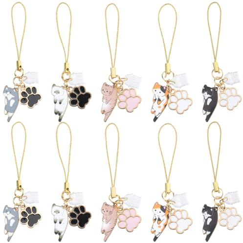 SUNNYCLUE 1 Box 10 Stück Handy Anhänger Katzen Handyanhänger Handy Anhänger Set Phone Anhänger Gurt Kawaii Süße Hängende Katzen Tierpfoten Staubschutzstecker Anhänger Staub Stecker Für Frauen Und