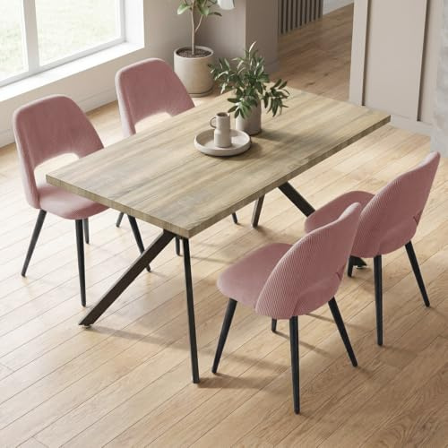 ANVOFONG Essgruppen in helles Holz,Esstisch mit 4 Rosa-Stuhl | Esstisch in 140 x 80 x 76 cm mit 4 Ergonomischer Design aus Cord Esszimmerstühle, für Esszimmer, Küche, Wohnzimmer