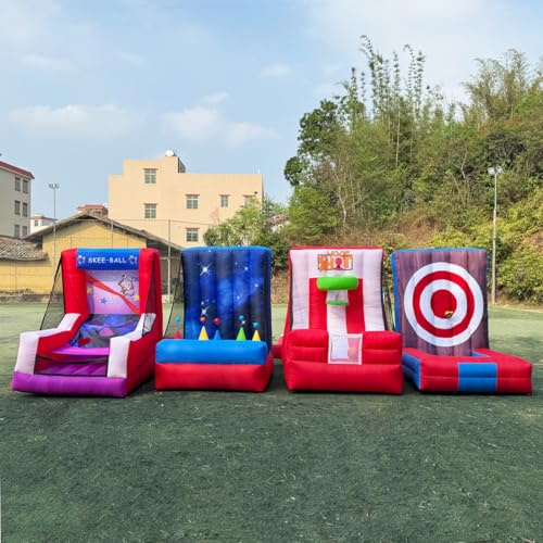 4 in 1 Inflatable Carnival Game Inflatable Sport Games Multi Sports Play, Galaxy Shootout, Basketball Hoop Shoot, Axe Throw Dart for School Playground/Family/Team