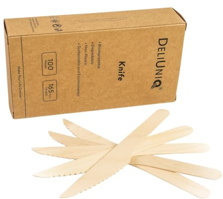DeliUniq® Einwegbesteck, 100 Holzmesser- umweltfreundliches nachhaltiges Besteck aus Birkenholz, Biologisch abbaubar, lebensmittelecht, Länge 165mm