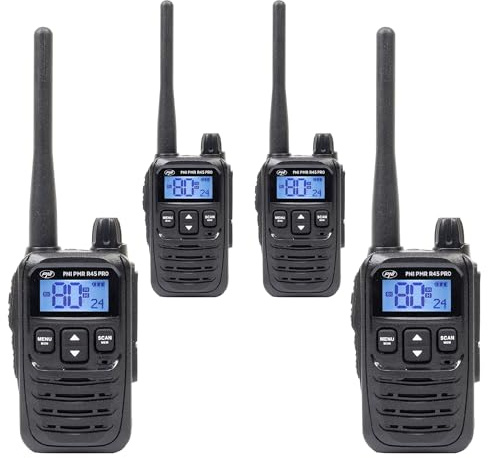 Kit de 4 Stations de Radio Portables PNI PMR R45 Pro 446 MHz, 0,5 W, 99 canaux programmables, 16 PMR et 38 CTCSS et 104 tonalités DCS, 5 Niveaux Squelch, VOX, TOT, BCL, Scan, Roger Beep