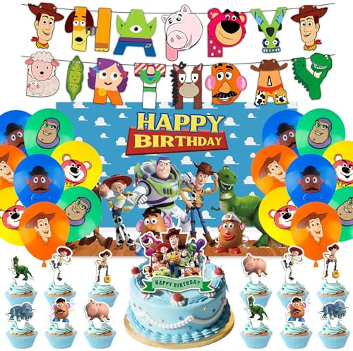 43PCS Toy Inspired Story Party Decorations, Cartoon Theme Birthday Decorations With Backdrop Banner Latex Balloons Cake Topper Cupcake Toppers, Toy Birthday Party Supplies for Kids Boys And Girls