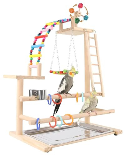AFGSsm Giochi pappagalli, Trespolo pappagallo, Terreno di Gioco per Pappagalli in Legno Supporto per Uccelli con Scala(46*31*70CM)