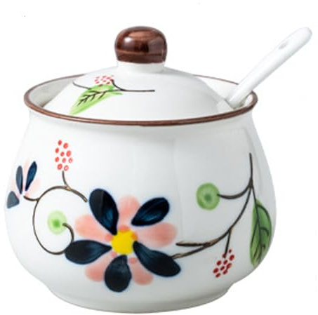 Porcelain Sugar Bowls with Lids and Spoons,Ceramic Spice Jars for Kitchen, Seasoning Containers for Salt, Pepper, Sugar, or Condiments (LH)