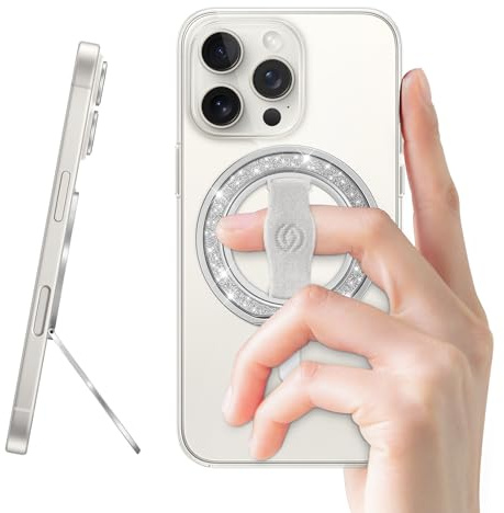 [Stylish Twinkle] EWA MagOne for Magsafe Phone Grip Kickstand [Replaceable Elastic Finger Loop], MagSafe Ring Holder Stand, Magnetic Phone Accessories for iPhone 17,16,15,14,13,12-(Glitter Silver)