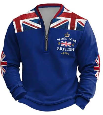 Men's Sweatshirts Quarter Zip Collar Casual Pullover Jumper For Men Uk British Flag Printed Fleece Sweatshirts Autumn Winter Thermal Tracksuit Tops Bussiness Office Home Athletic Sweatshirt