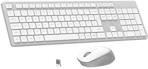 LeadsaiL Wireless Keyboard and Mouse Set, Full Size Ergonomic Design, UK Layout, Two-Tone Design, Noiseless Click, 12 Multimedia Shortcuts, Compatible with Windows/Mac PC Laptop - White and Grey