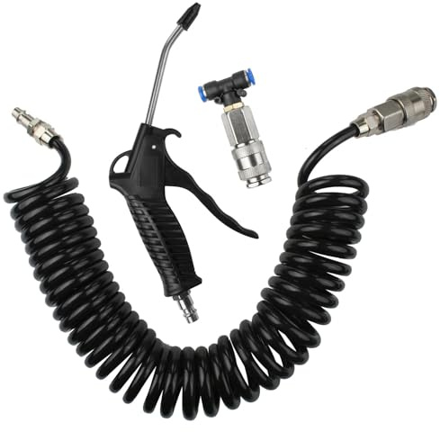 LxsNyvantic Pistola Aria Compressa Kit Nero Con Tubo A Spirale PU 5m,ugello Inox Lungo 150 Mm,raccordo Rapido + Connettore A T,doppi Ganci,per Depolverare PC Auto Mobili E Pulizia Ad Aria In Officina