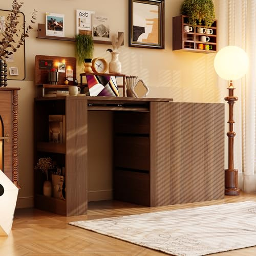 Caldion - Mesa de esquina con armario de cajón para escritorio en forma de L y U, cómoda con mesa ajustable, color marrón
