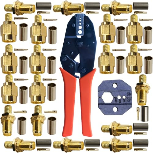 Connecteur SMA et kit d'outils de sertissage : 20 connecteurs à sertir RG58 SMA (10 mâles et 10 femelles) avec pince à sertir coaxiale et une matrice d'échange pour antenne WiFi, TV, satellite, GPS