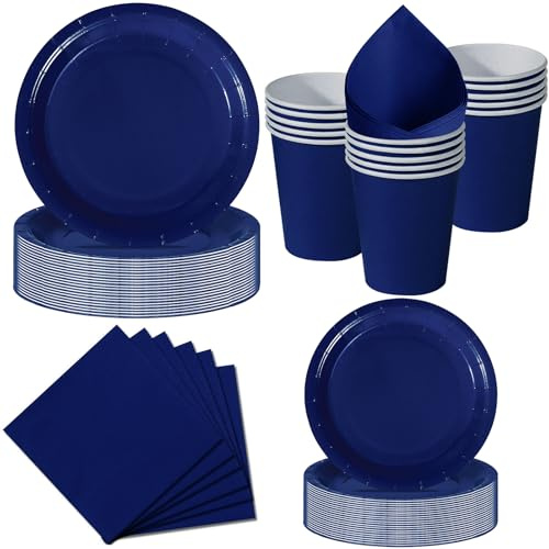 Nkaiso 50 Pcs Bleumarine Assiette Jetable Anniversaire -10 invités | 10 Assiettes 23cm, 10 Assiettes 18cm, 10 Gobelets, 20 Serviettes pour Decoration Party, Baby Shower, Nationale