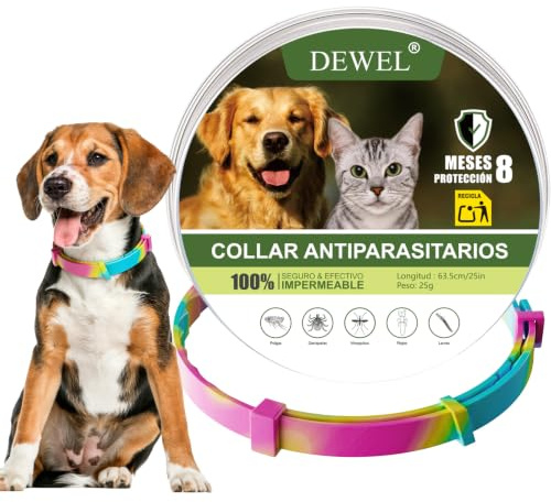 DEWEL Collar Antiparasitario para Perros Grandes y Medianos (62 cm) - 8 Meses de Protección Eficaz contra Pulgas, Garrapatas, Mosquitos y Piojos - Ajustable, Cómodo y Resistente al Agua
