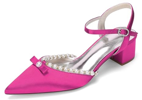 HFWXYSA Chaussures de Mariage Mariée Femme Satin 4.5cm Talon Bloc Bout Pointu Perles Bride Cheville Soirée Fête Escarpins,Fuchsia,38 EU