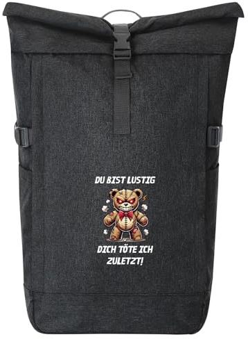 Huuraa Kurierrucksack Du bist lustig dich töte ich zuletzt Teddy Geschenk | 30-44 Liter Backpack Black Melange Fairtrade Rolltop Rucksack Geschenkidee Schwarzer Laptop-Rucksack passend für 17-Zoll