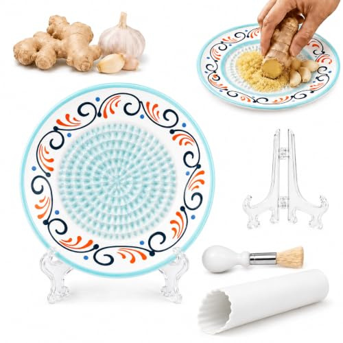 Ceramic Garlic Grater Plate, 4-Piece Set 5inches Garlic Grater Dish, Double Navy Blue Circle Design with Flower, Grating Dish for Garlics Ginger Kitchen Tool with Peeler, Brush, Stand (Green)