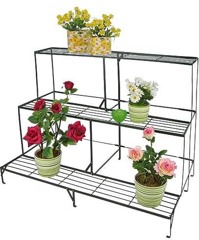 Haushalt International Pflanzentreppe mit 3 Stufen Ebenen 100x60x75 cm aus Metall Blumentreppe Blumenständer Pflanzenregal Blumenregal Blumenetagere Eckregal grün