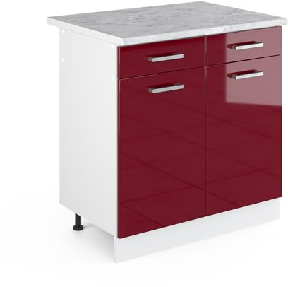Vicco Küchenunterschrank R-Line, Rot Hochglanz, 80 cm | 2 Schubladen · AP Marmor inkl. · Höhenverstellbare Füße · 2 Türen · ✓ Leichter Zugriff